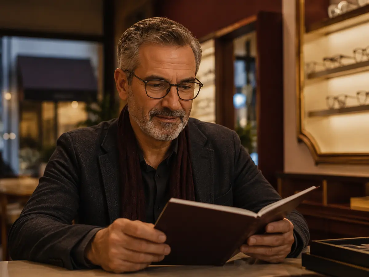 Pessoa usando lentes multifocais em armação de óculos